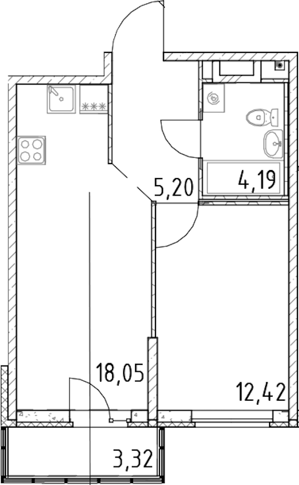 1-комнатная квартира 39.86 м², 12/23 эт., ЖК «Город Первых»